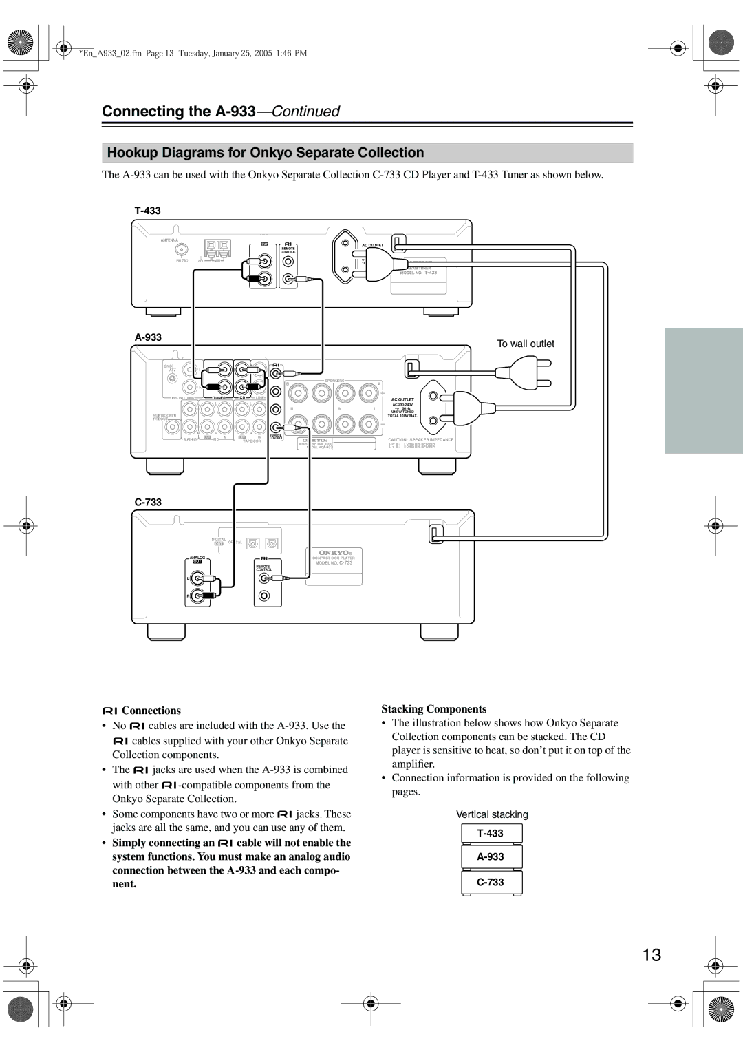 Onkyo A-933 instruction manual Hookup Diagrams for Onkyo Separate Collection, Connections 