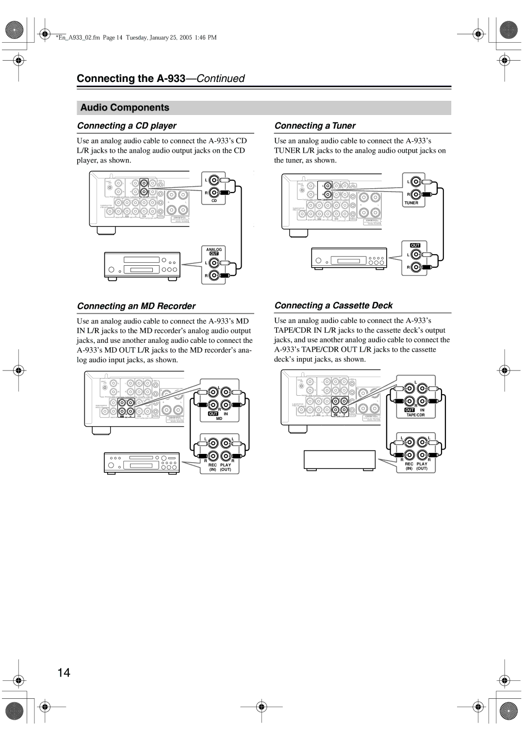 Onkyo A-933 instruction manual Audio Components, Connecting a CD player, Connecting an MD Recorder, Connecting a Tuner 