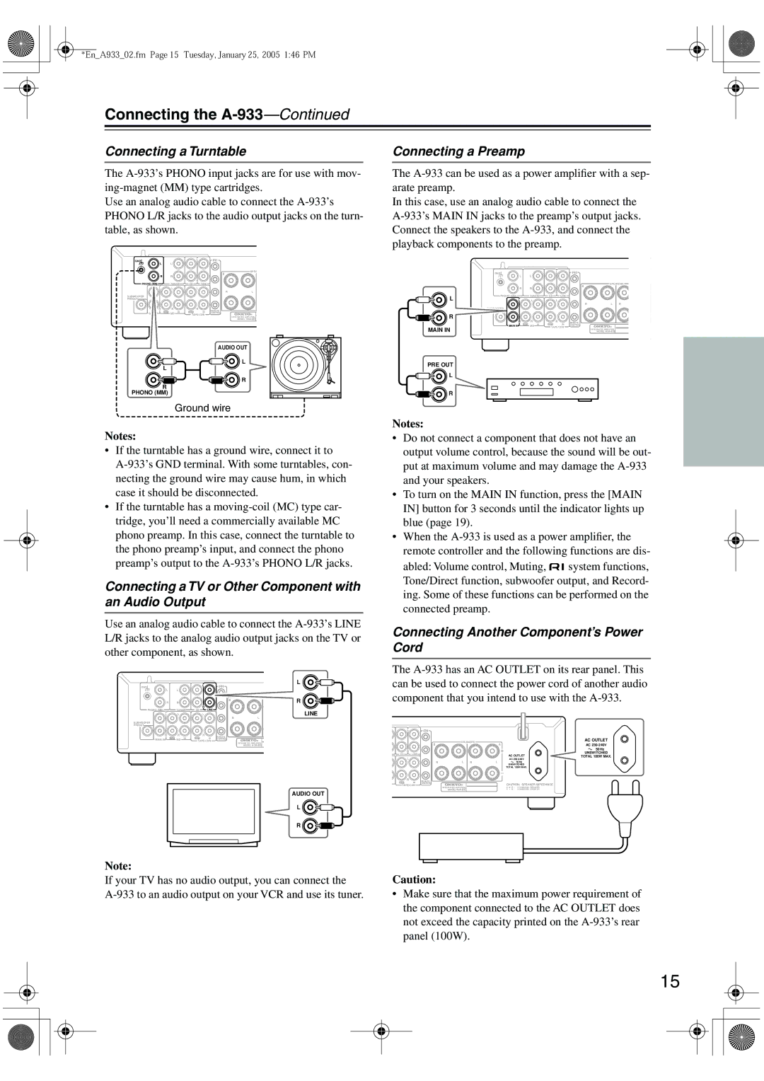 Onkyo A-933 Connecting a Turntable Connecting a Preamp, Connecting a TV or Other Component with an Audio Output 