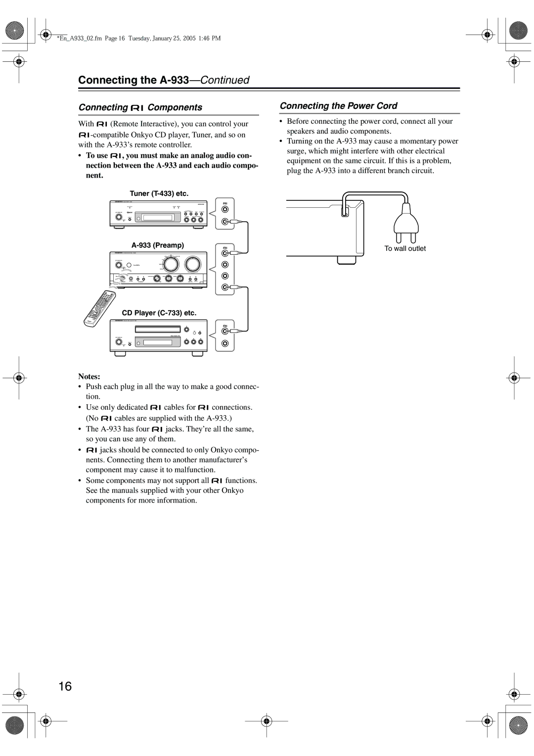 Onkyo A-933 instruction manual Connecting Components, Connecting the Power Cord 