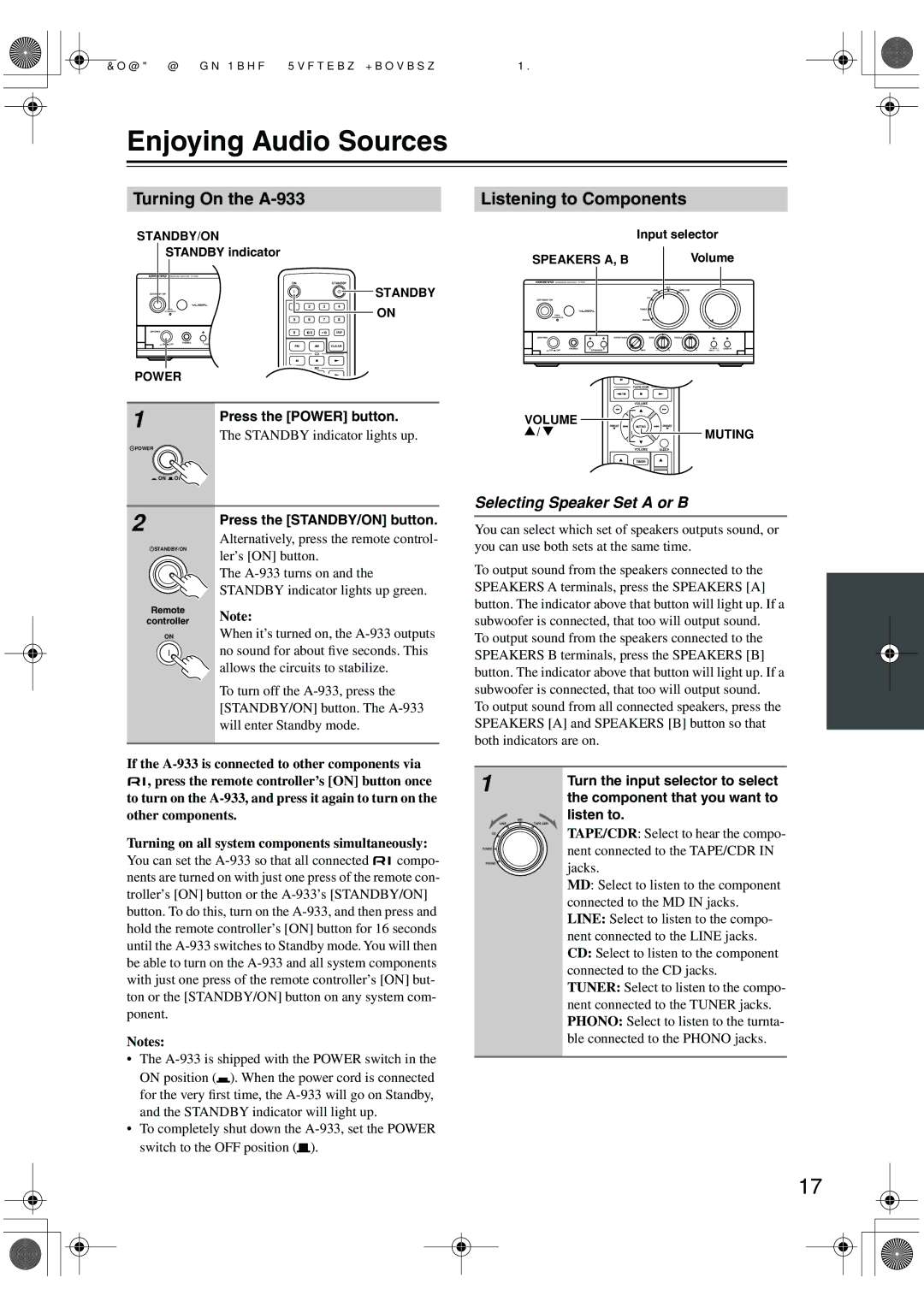 Onkyo Enjoying Audio Sources, Turning On the A-933 Listening to Components, Selecting Speaker Set a or B 
