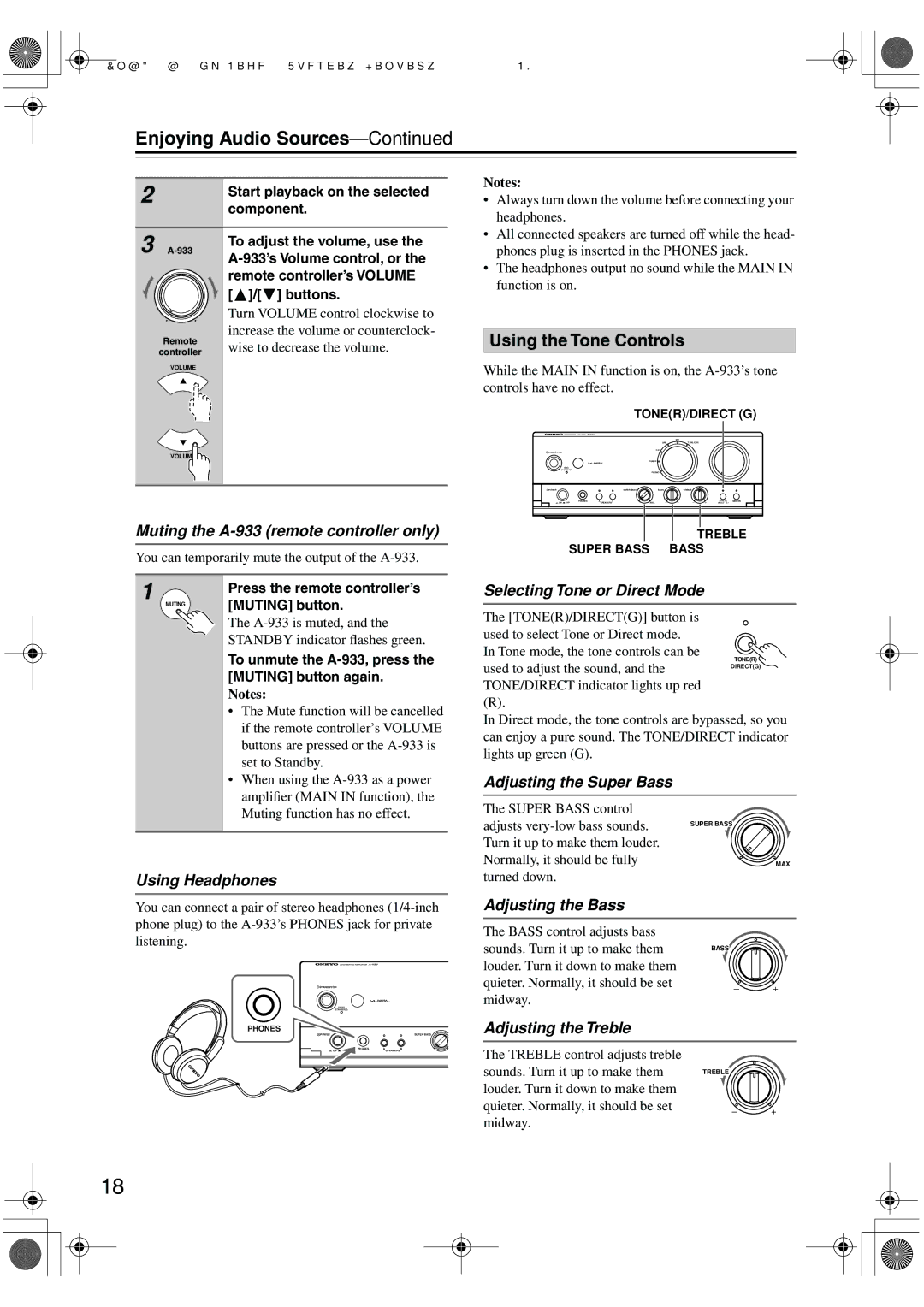 Onkyo A-933 instruction manual Enjoying Audio Sources, Using the Tone Controls 