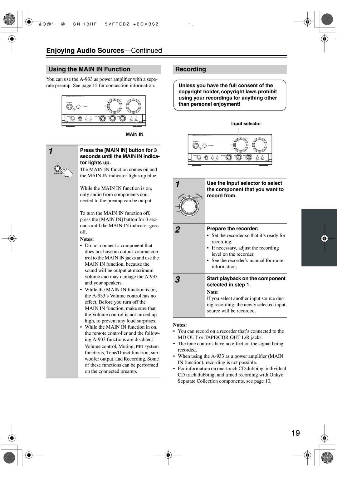 Onkyo A-933 instruction manual Using the Main in Function, Recording 