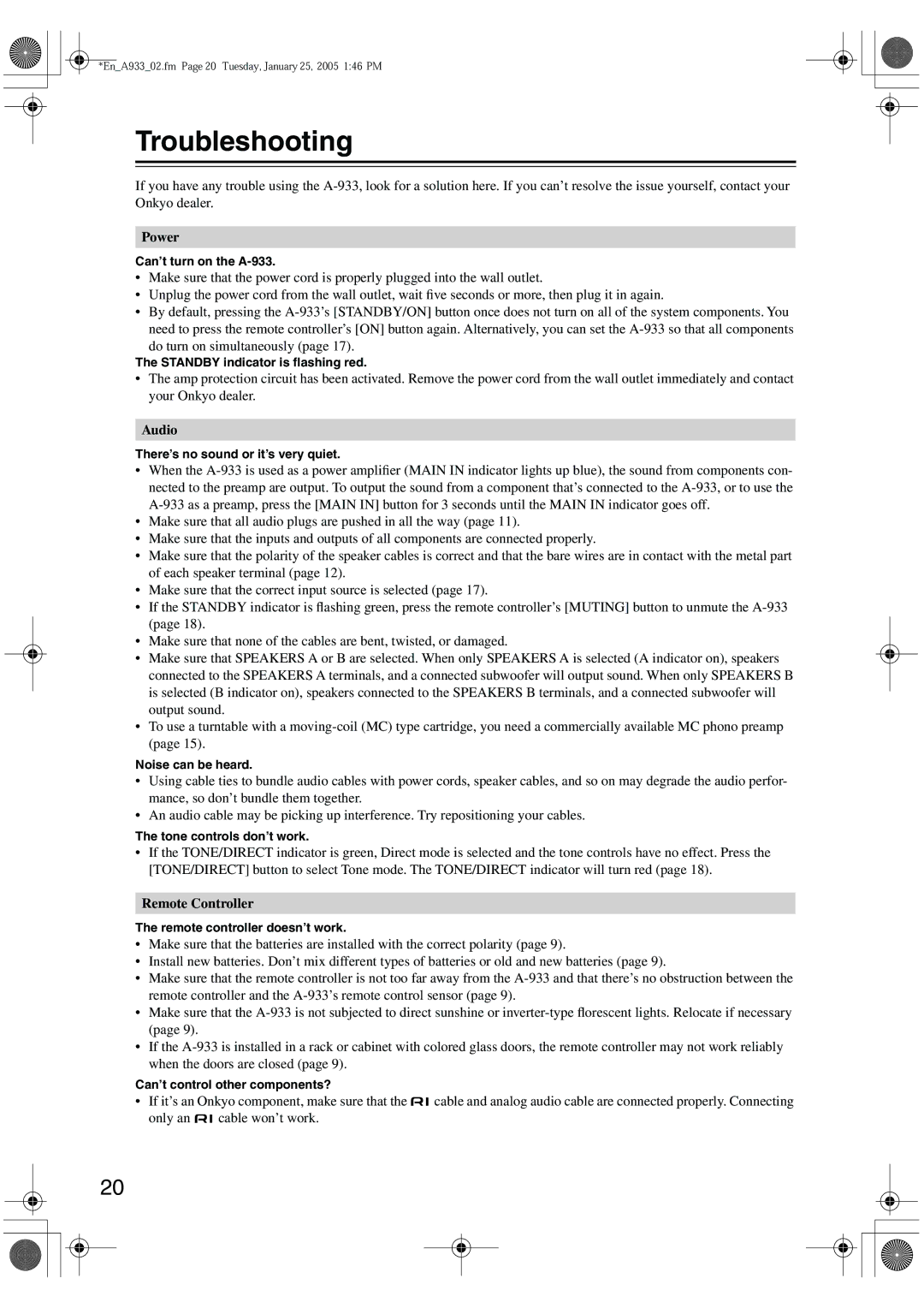 Onkyo A-933 instruction manual Troubleshooting, Audio, Remote Controller 