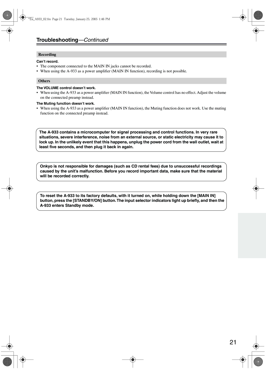 Onkyo A-933 instruction manual Troubleshooting, Recording, Others 