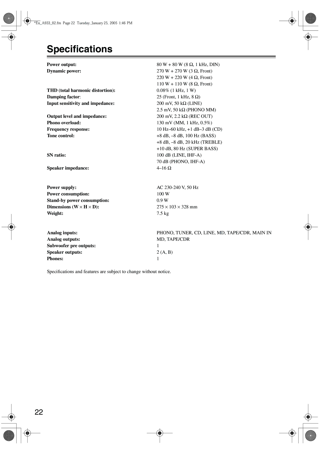 Onkyo A-933 instruction manual Speciﬁcations 