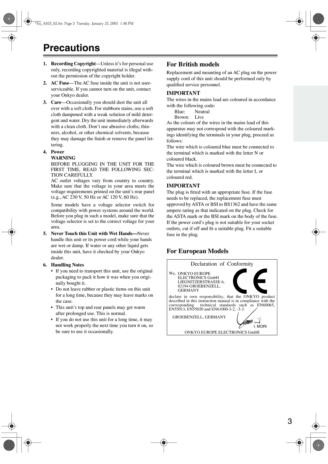 Onkyo A-933 instruction manual Precautions, Power, Handling Notes 