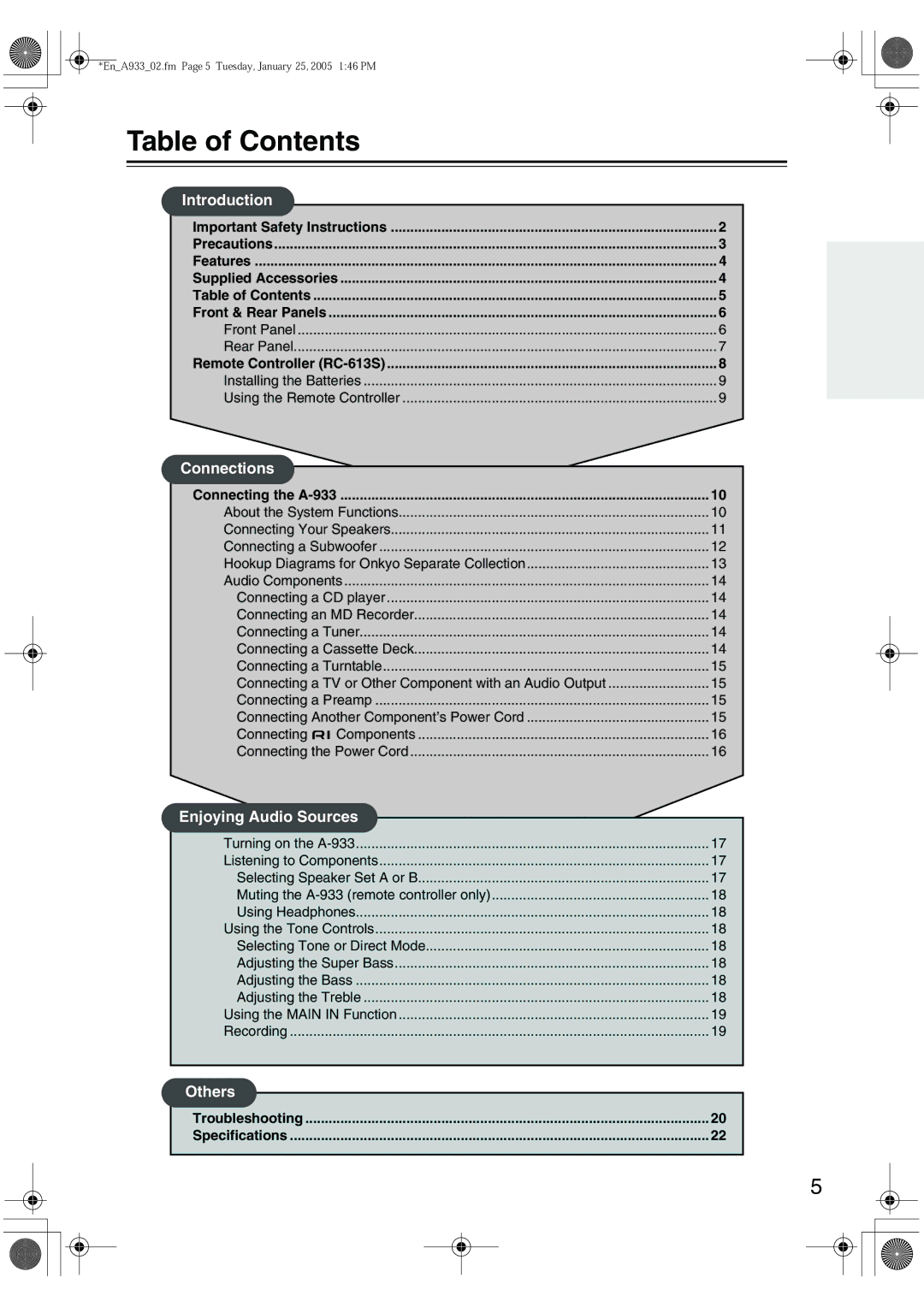 Onkyo A-933 instruction manual Table of Contents 