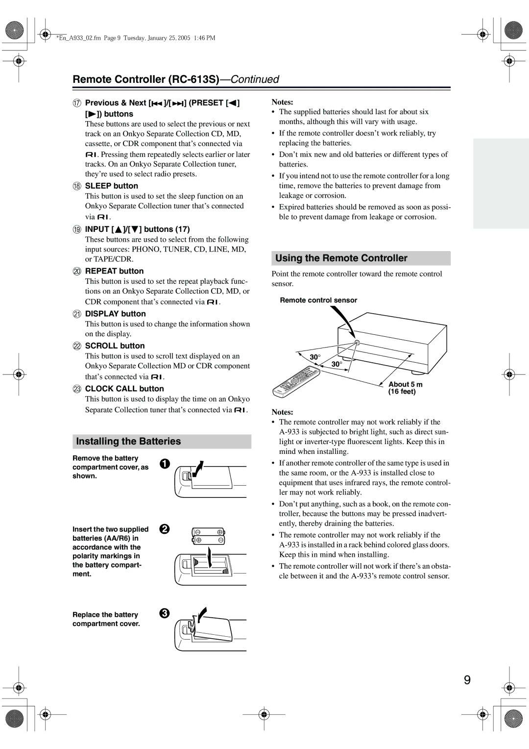 Onkyo A-933 instruction manual Remote Controller RC-613S, Using the Remote Controller, Installing the Batteries 