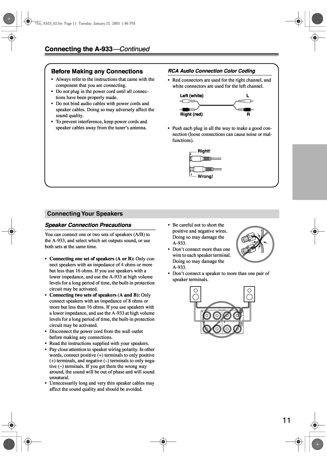 Onkyo instruction manual Connecting the A-933-Continued, Before Making any Connections, Connecting Your Speakers 