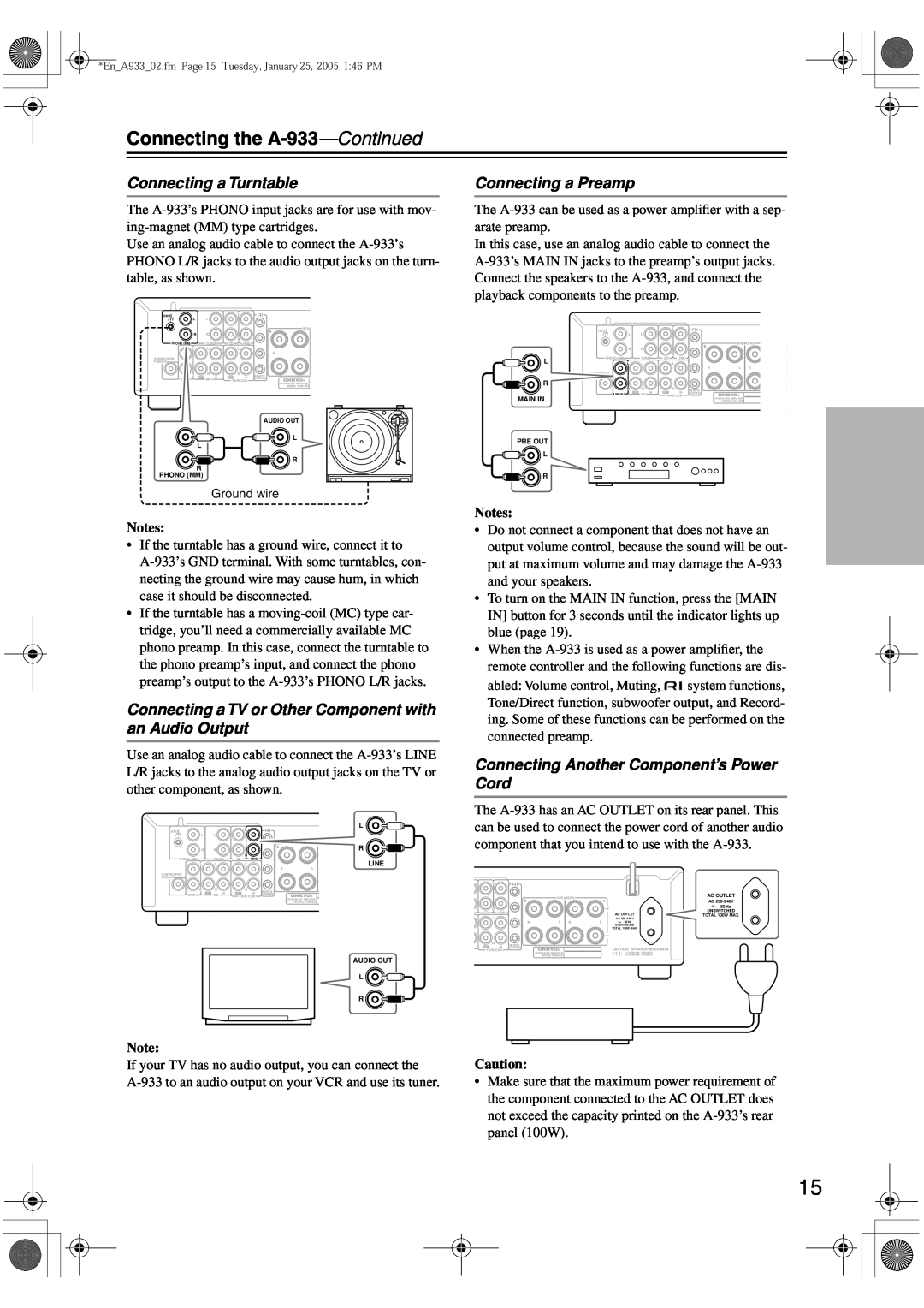 Onkyo A-933 instruction manual Connecting a Turntable, Connecting a Preamp, Connecting Another Component’s Power Cord 