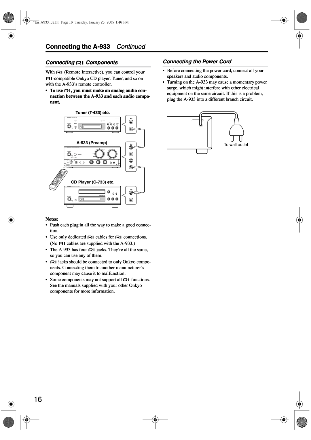 Onkyo instruction manual Connecting Components, Connecting the Power Cord, Connecting the A-933-Continued 