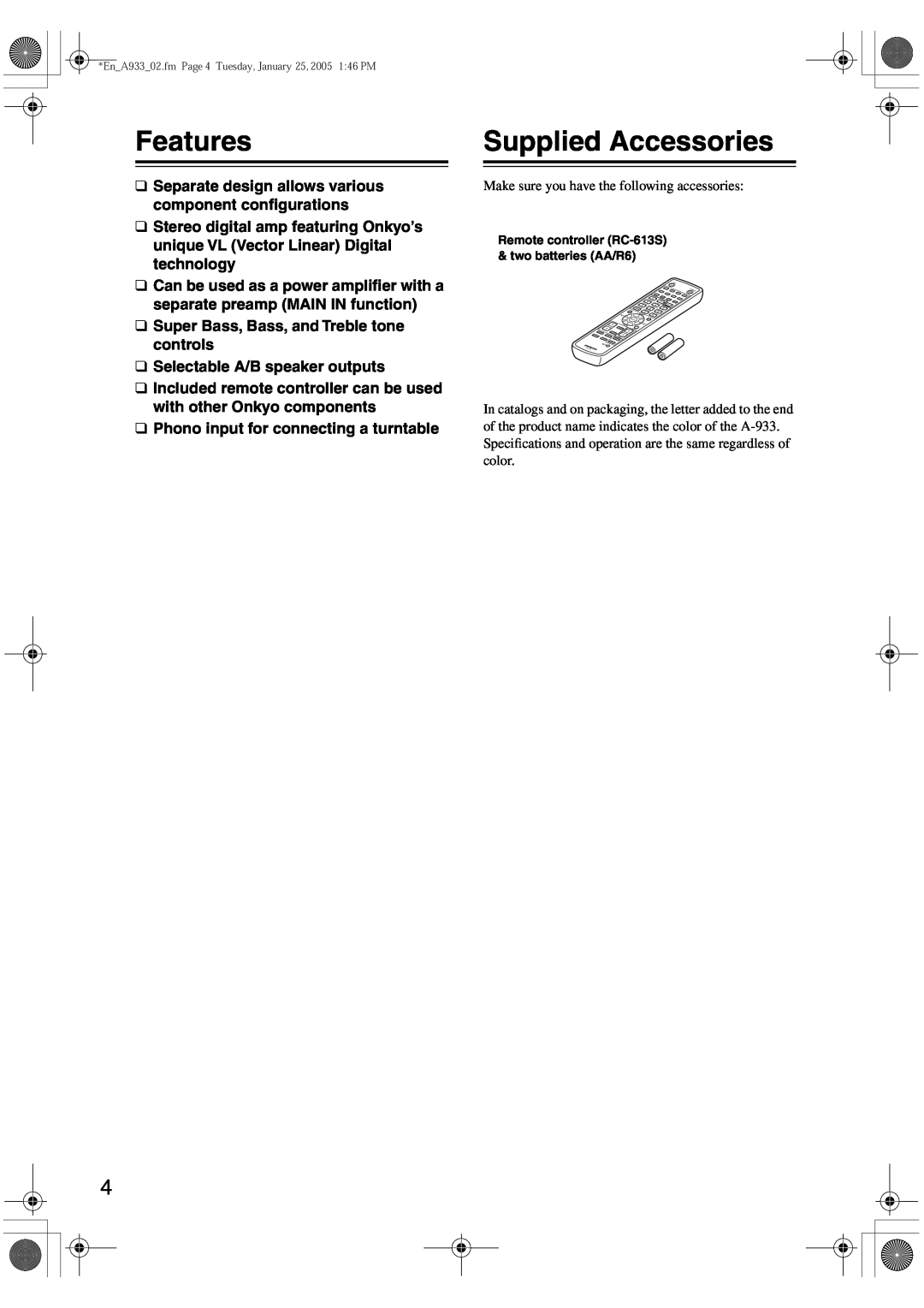 Onkyo A-933 instruction manual Features, Supplied Accessories 