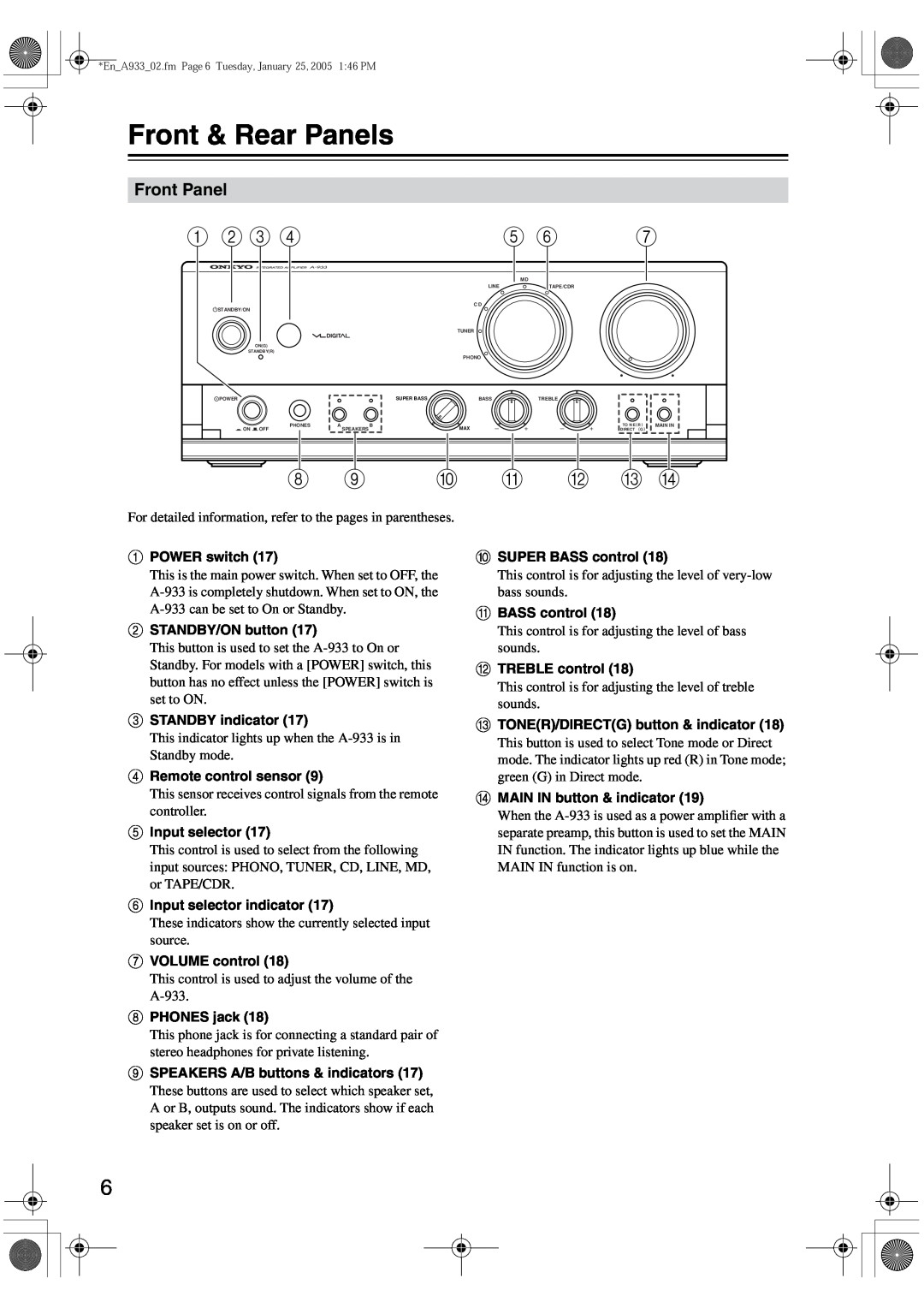 Onkyo A-933 instruction manual Front & Rear Panels, 8 9 0 A B C D, Front Panel 