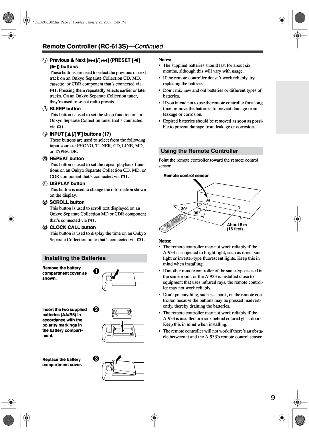 Onkyo A-933 instruction manual Remote Controller RC-613S-Continued, Using the Remote Controller, Installing the Batteries 