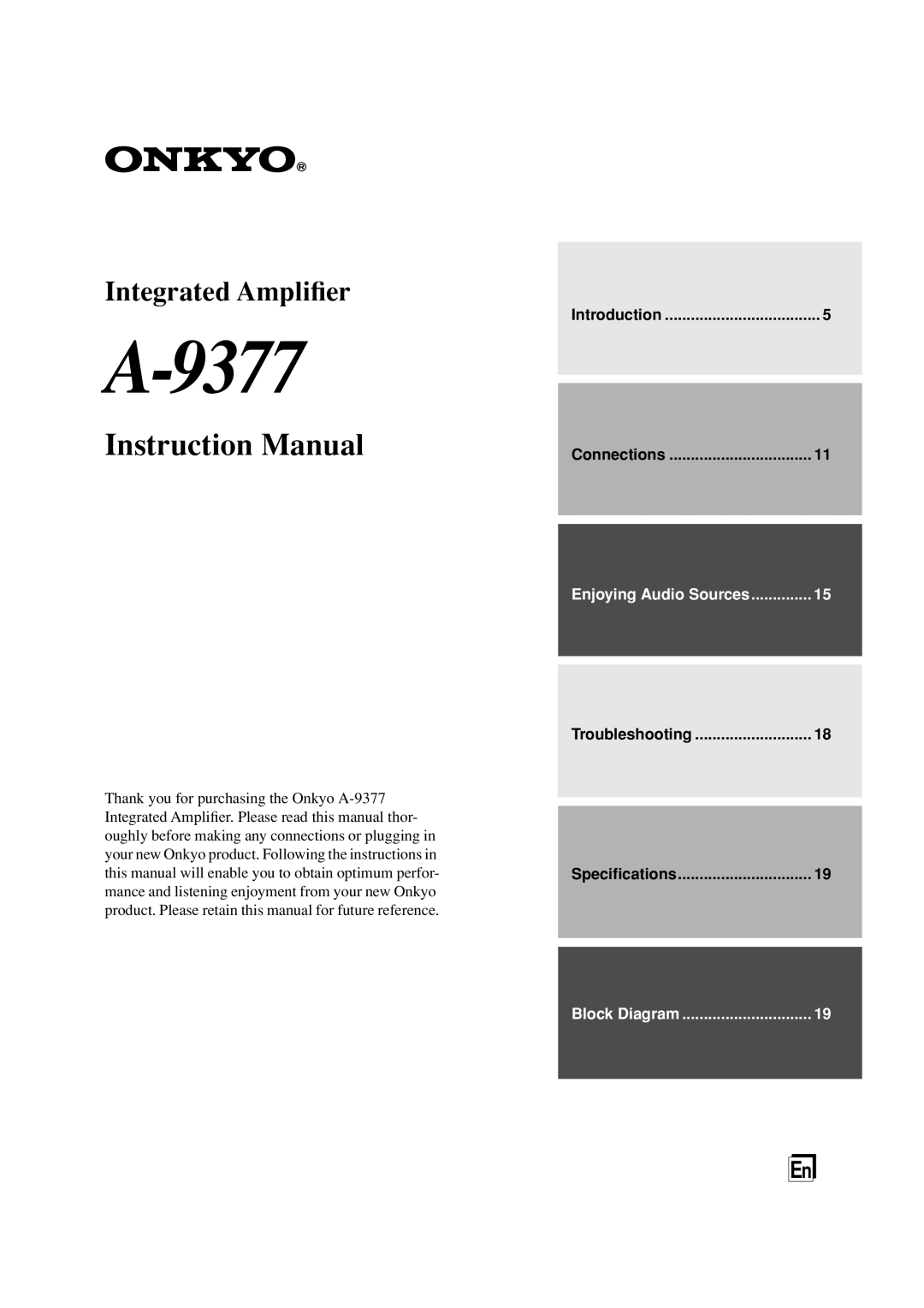 Onkyo A-9377 instruction manual Introduction Connections, Troubleshooting Speciﬁcations 