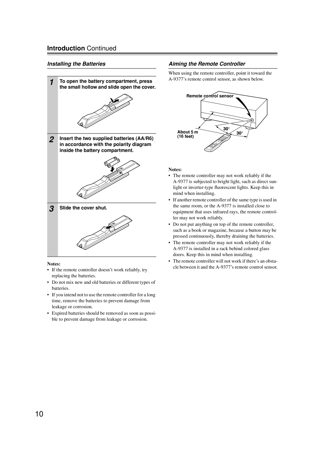Onkyo A-9377 Installing the Batteries, Aiming the Remote Controller, Remote control sensor About 5 m 16 feet 