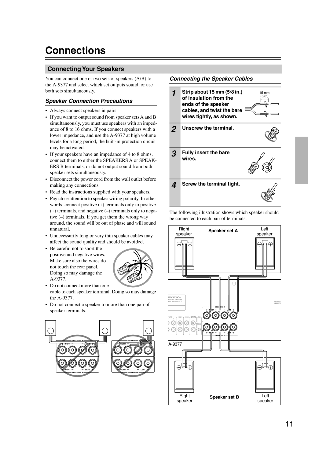 Onkyo A-9377 Connections, Connecting Your Speakers, Connecting the Speaker Cables, Speaker Connection Precautions 