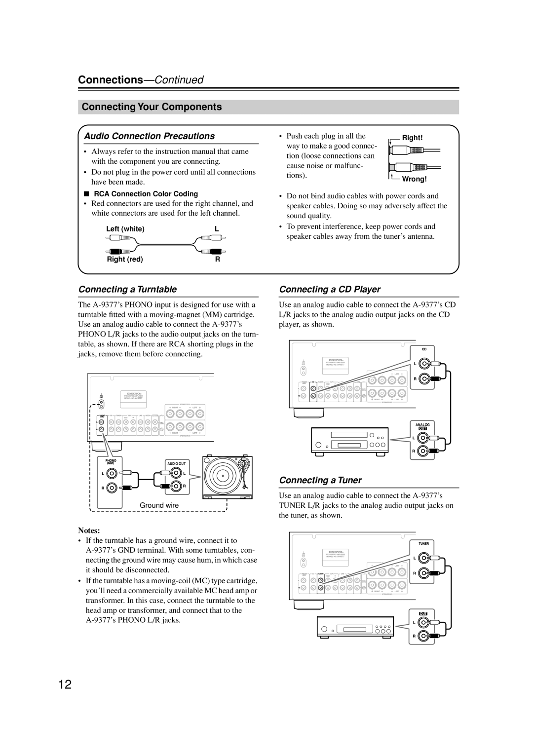 Onkyo A-9377 instruction manual Connections, Connecting Your Components 