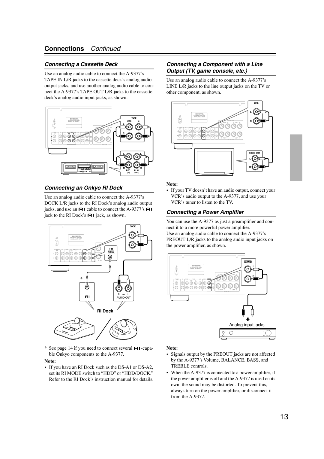 Onkyo A-9377 instruction manual Connecting a Cassette Deck, Connecting an Onkyo RI Dock, Connecting a Power Ampliﬁer 