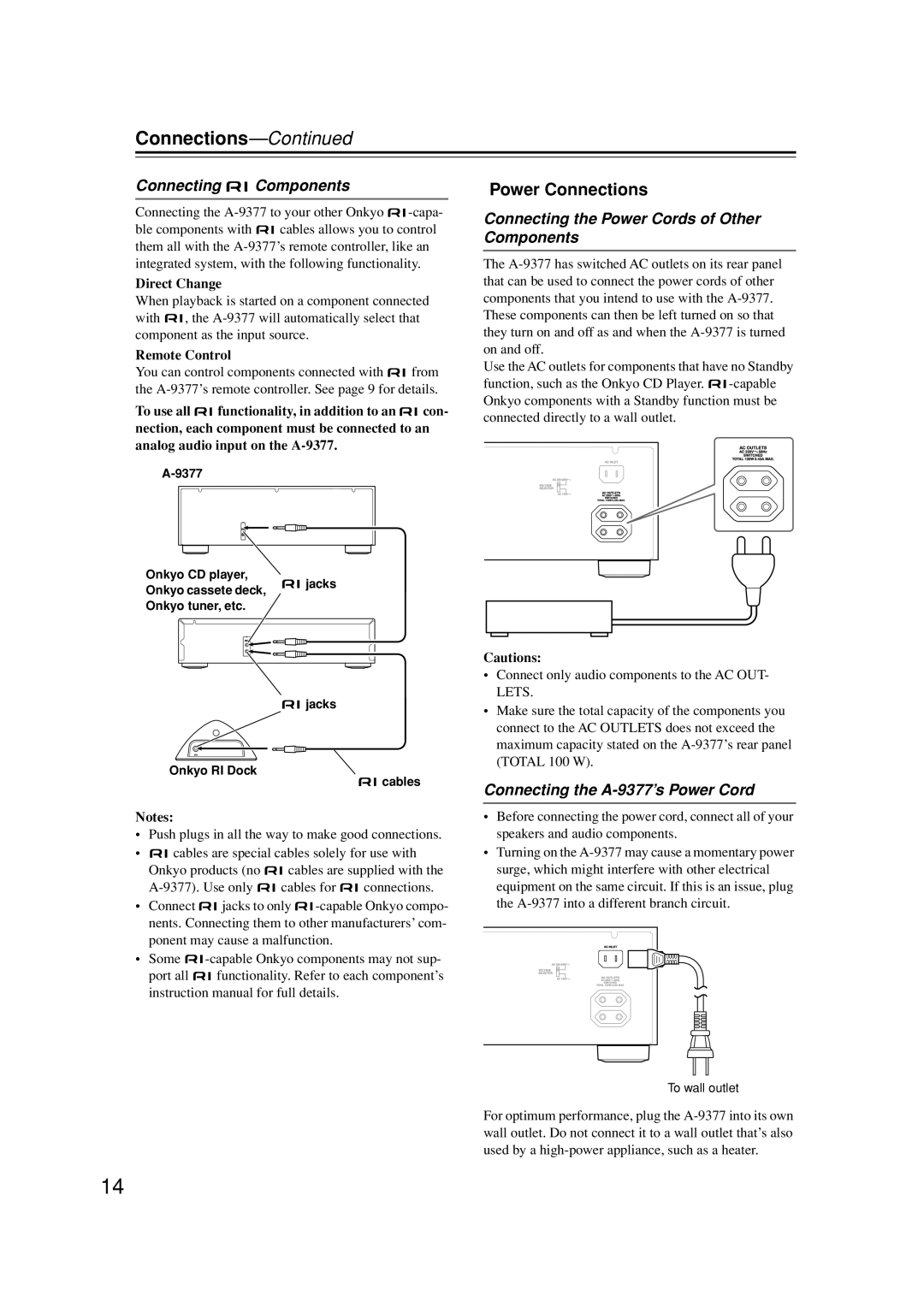 Onkyo A-9377 instruction manual Power Connections, Connecting Components, Connecting the Power Cords of Other Components 