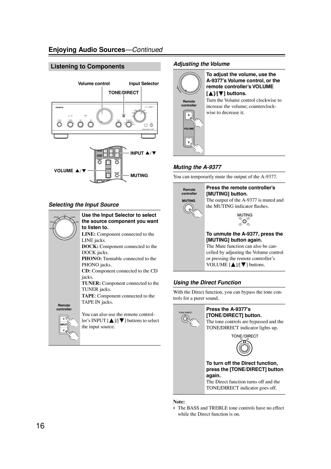 Onkyo A-9377 instruction manual Enjoying Audio Sources, Listening to Components 