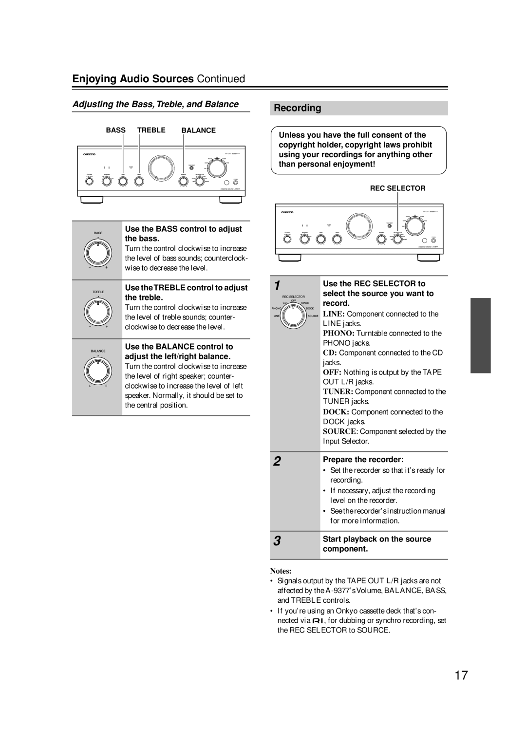 Onkyo A-9377 instruction manual Recording, Adjusting the Bass, Treble, and Balance 