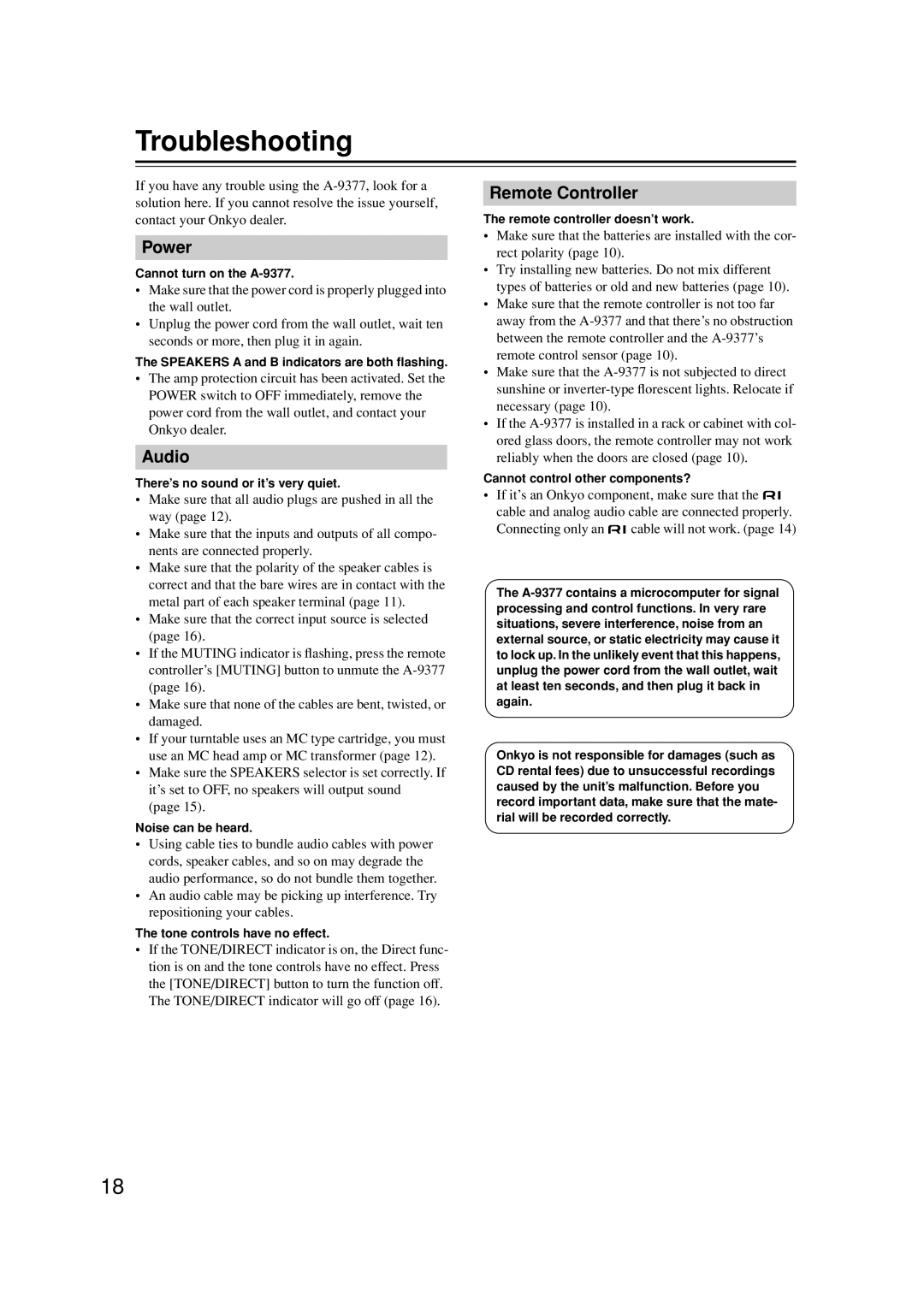 Onkyo A-9377 instruction manual Troubleshooting, Power, Audio 