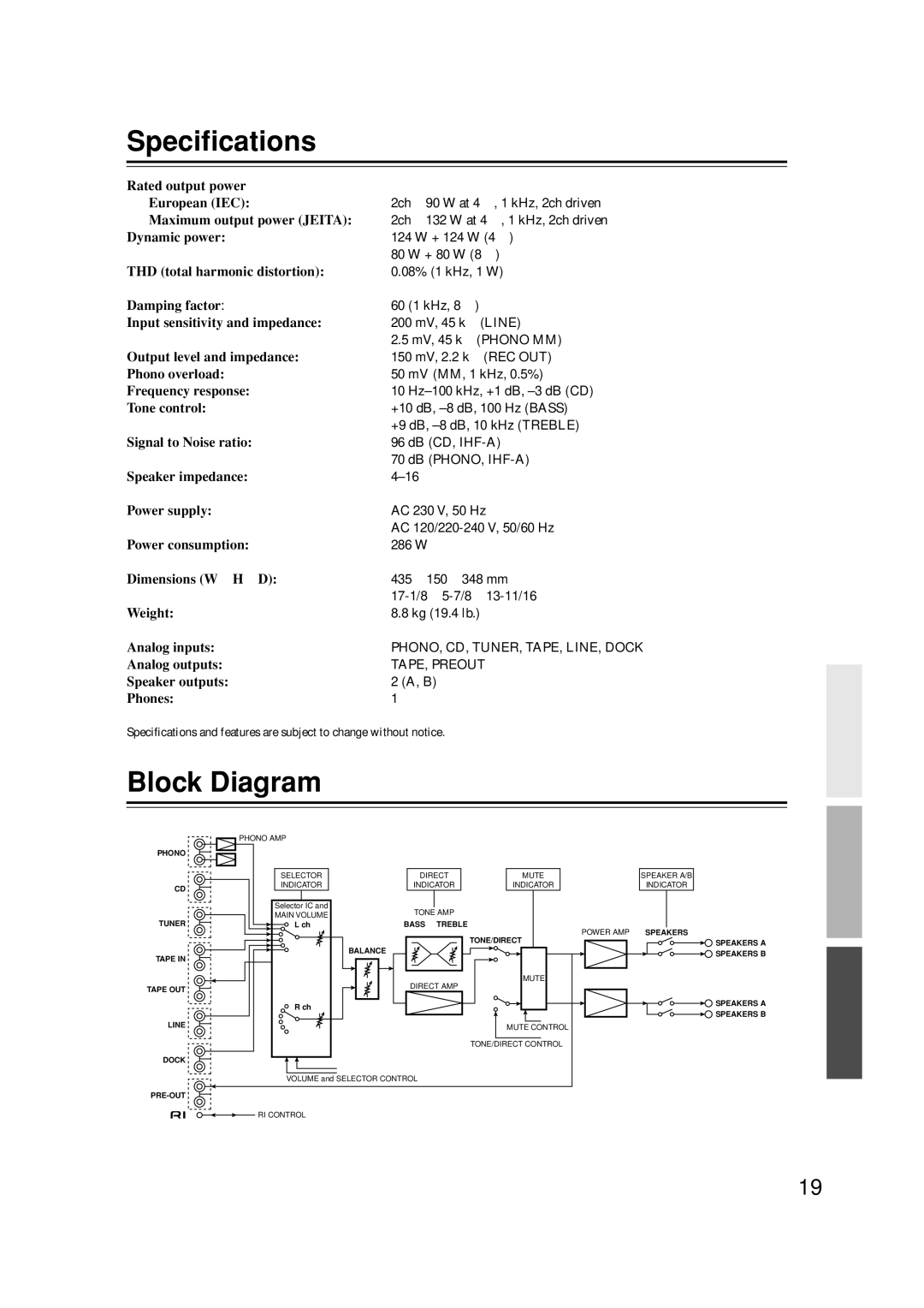 Onkyo A-9377 instruction manual Speciﬁcations, Block Diagram 