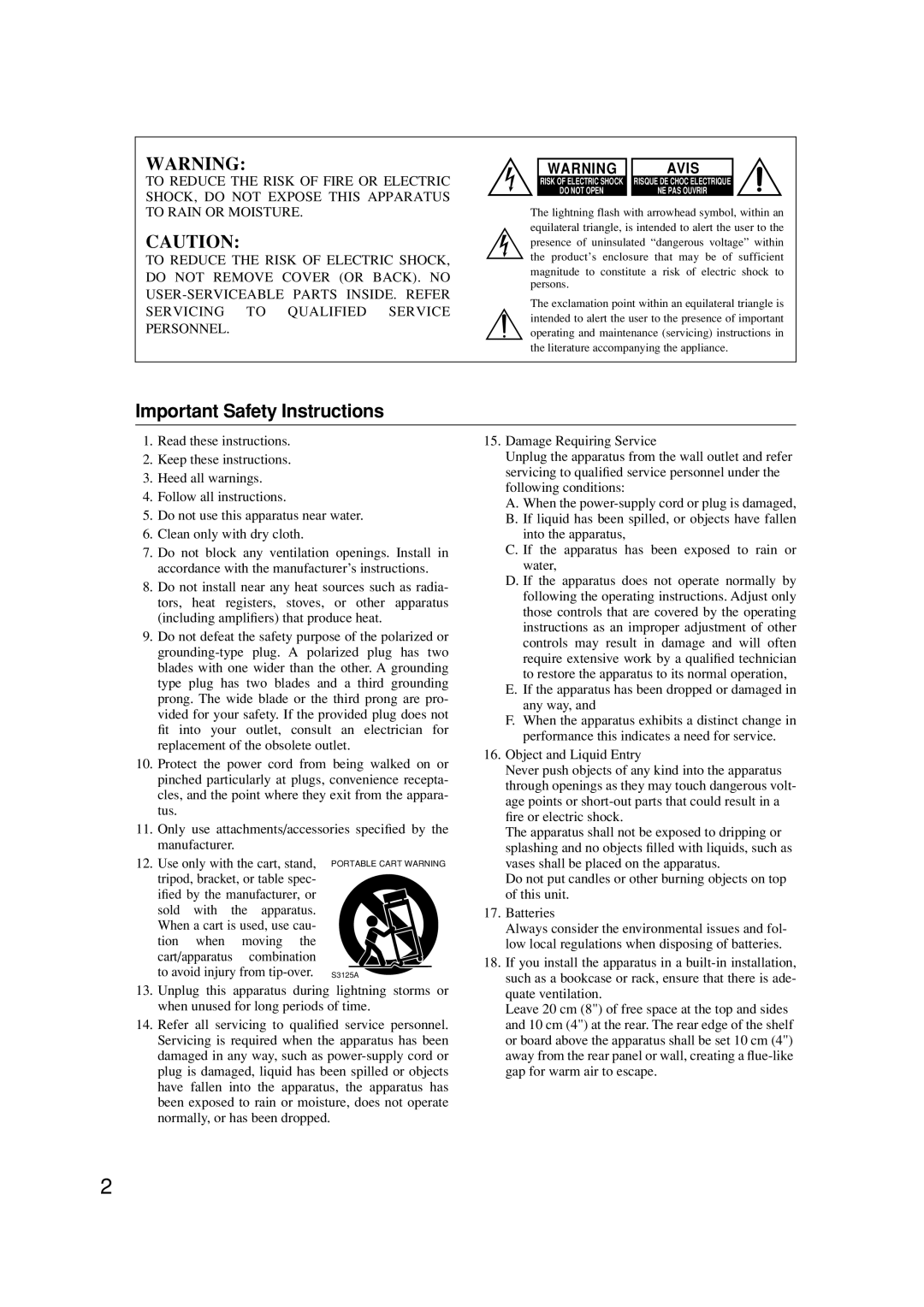 Onkyo A-9377 instruction manual Important Safety Instructions, Avis 