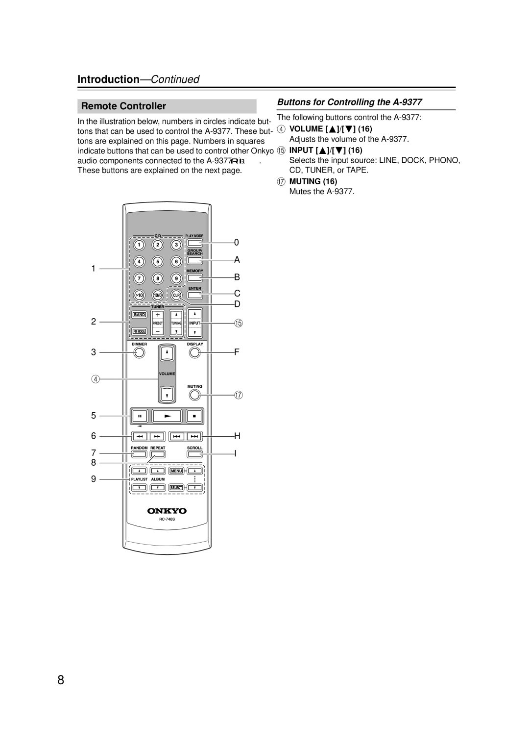 Onkyo instruction manual Remote Controller, Buttons for Controlling the A-9377, Volume, Input 