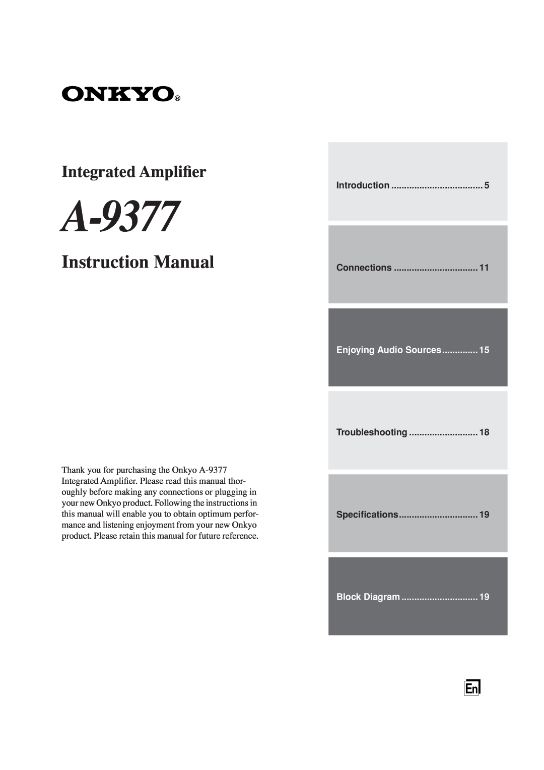 Onkyo A-9377 instruction manual Enjoying Audio Sources, Integrated Ampliﬁer, Block Diagram 