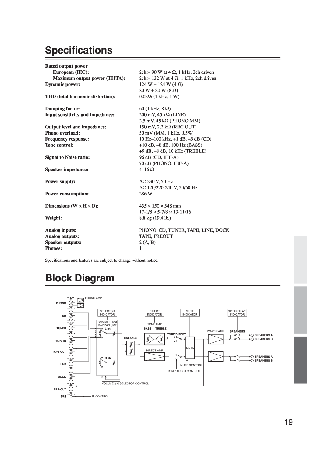 Onkyo A-9377 Speciﬁcations, Block Diagram, Rated output power, European IEC, Maximum output power JEITA, Dynamic power 