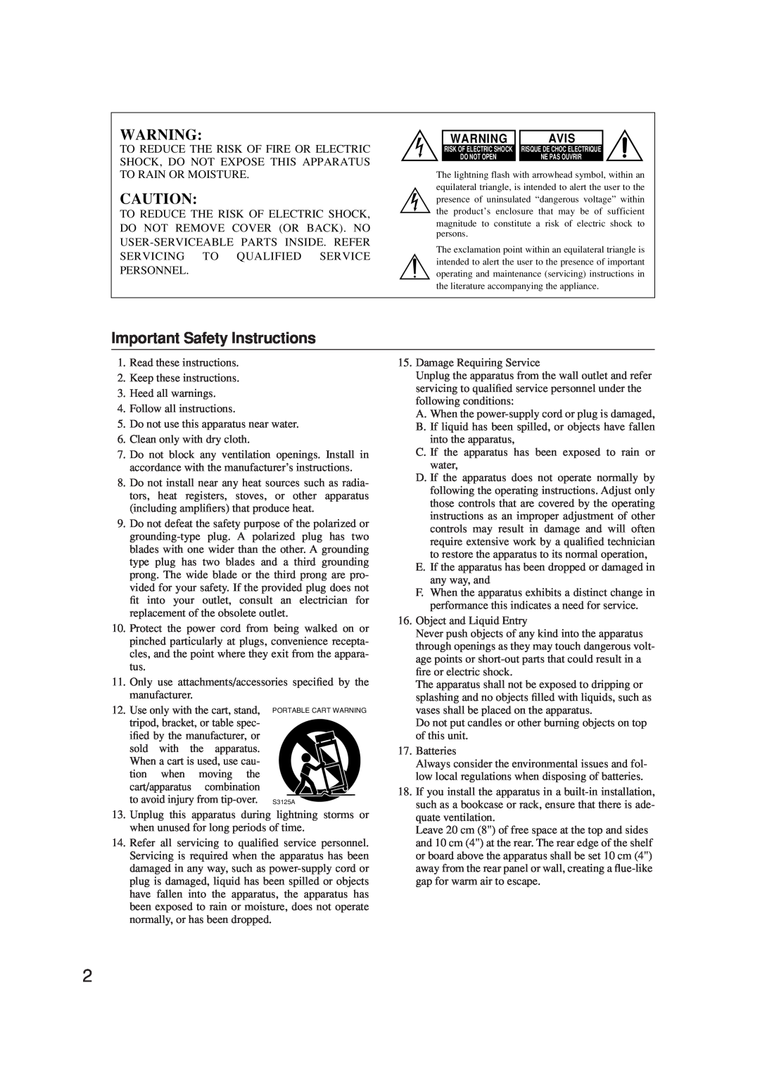 Onkyo A-9377 instruction manual Important Safety Instructions, Avis 