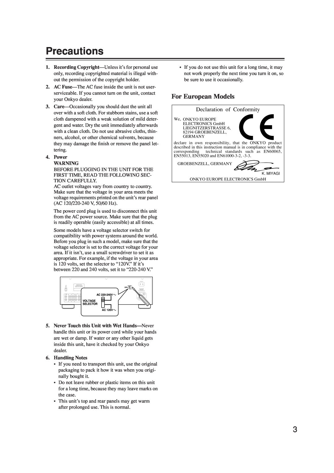 Onkyo A-9377 instruction manual Precautions, Power, Handling Notes, For European Models, Declaration of Conformity 