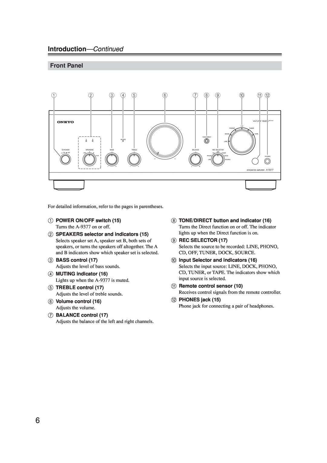 Onkyo A-9377 instruction manual Introduction-Continued, Front Panel, J K L 