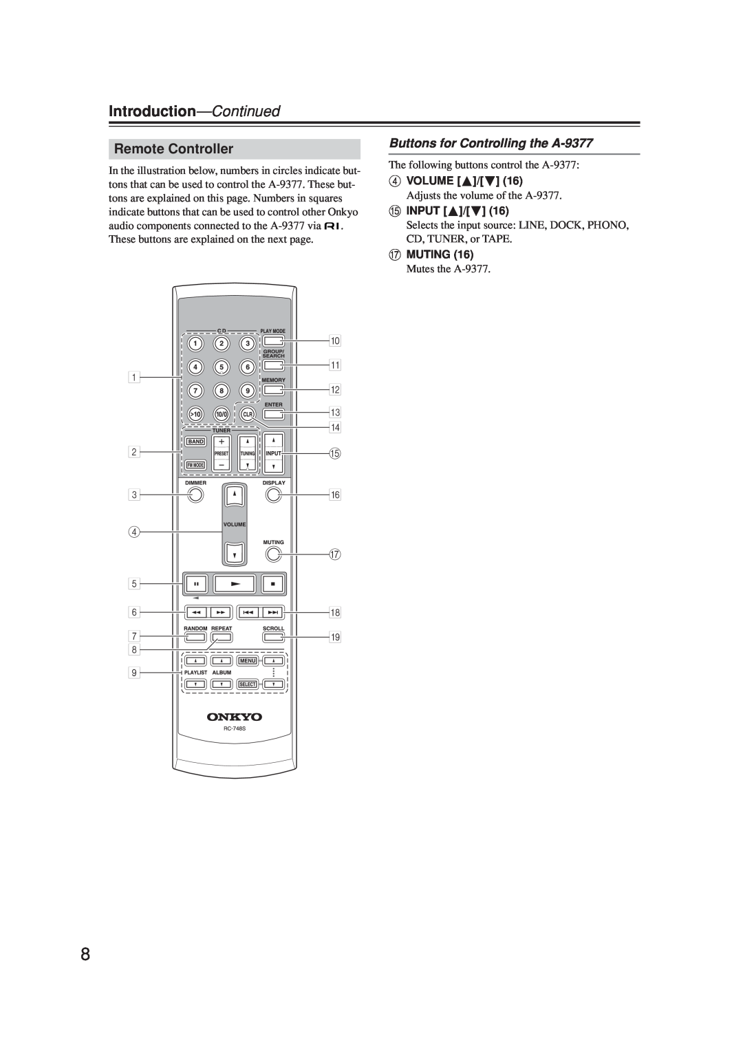 Onkyo Remote Controller, Buttons for Controlling the A-9377, Introduction-Continued, 0 A 1 B C D 2O 3F, 5 6H 