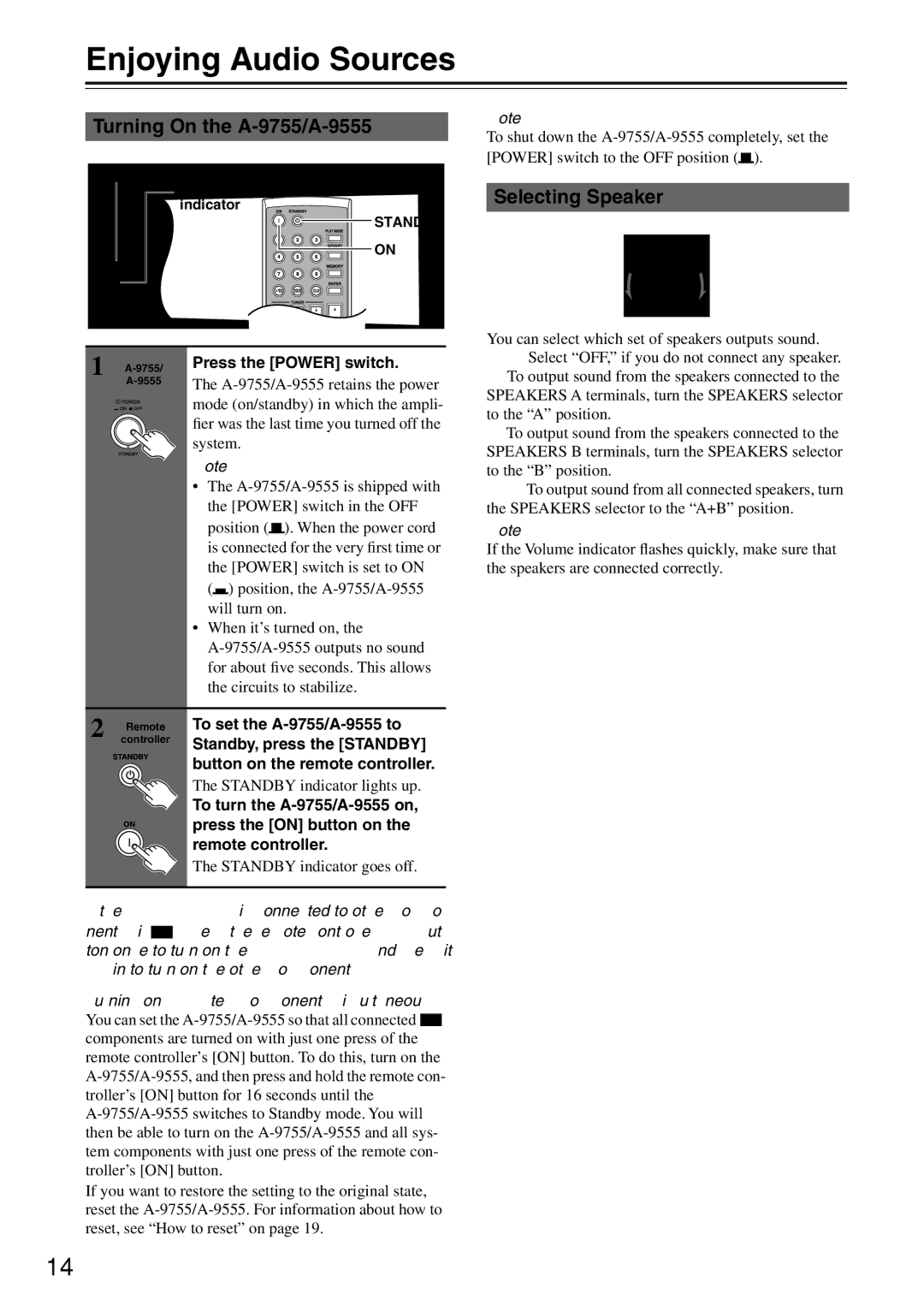 Onkyo A-9755* Enjoying Audio Sources, Turning On the A-9755/A-9555, Selecting Speaker, Press the Power switch 