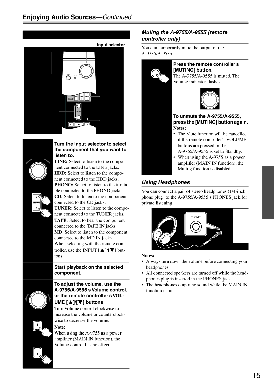 Onkyo A-9755* Enjoying Audio Sources, Listening to Components, Muting the A-9755/A-9555 remote controller only 