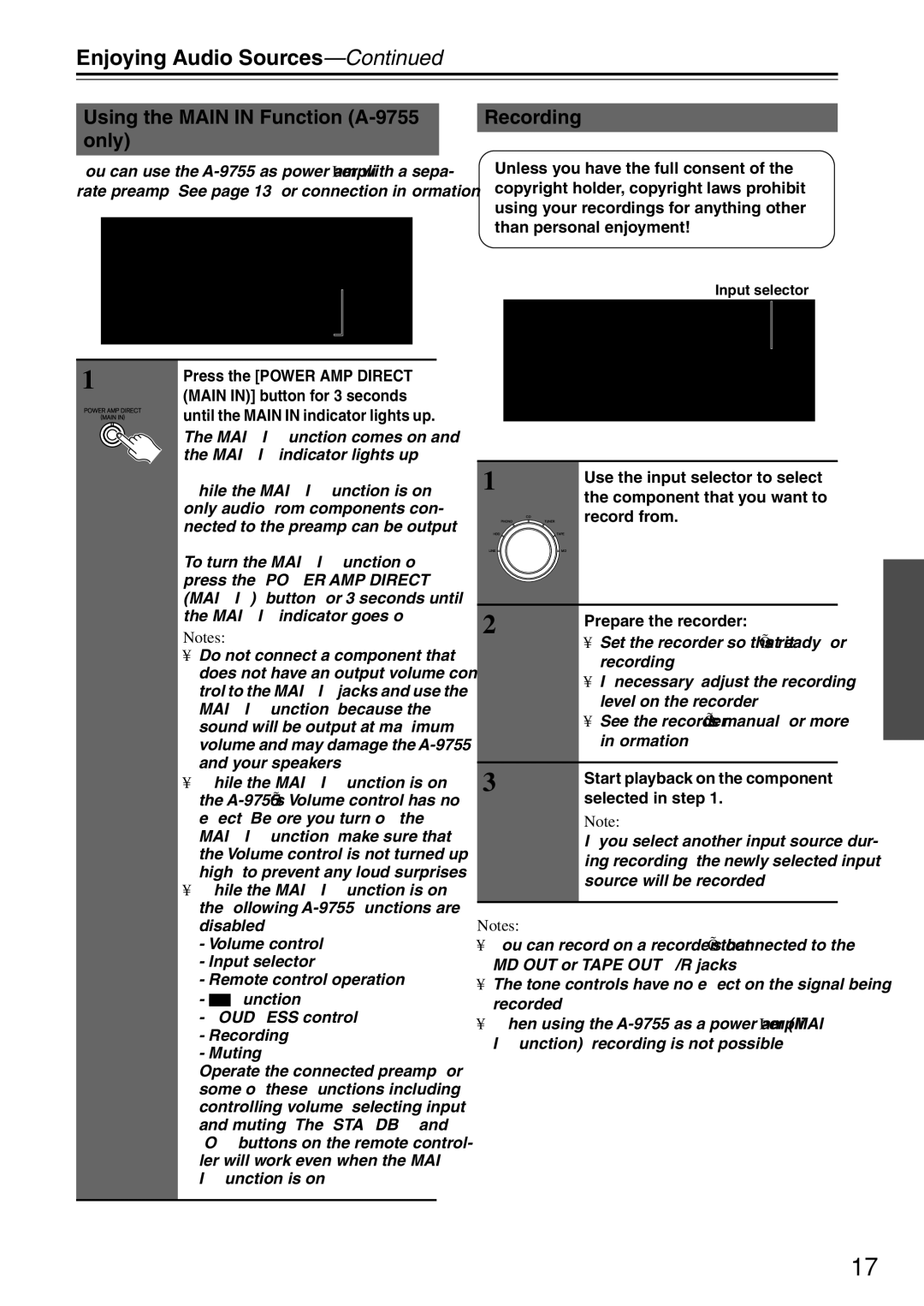 Onkyo A-9555, A-9755* instruction manual Using the Main in Function A-9755 only, Recording 