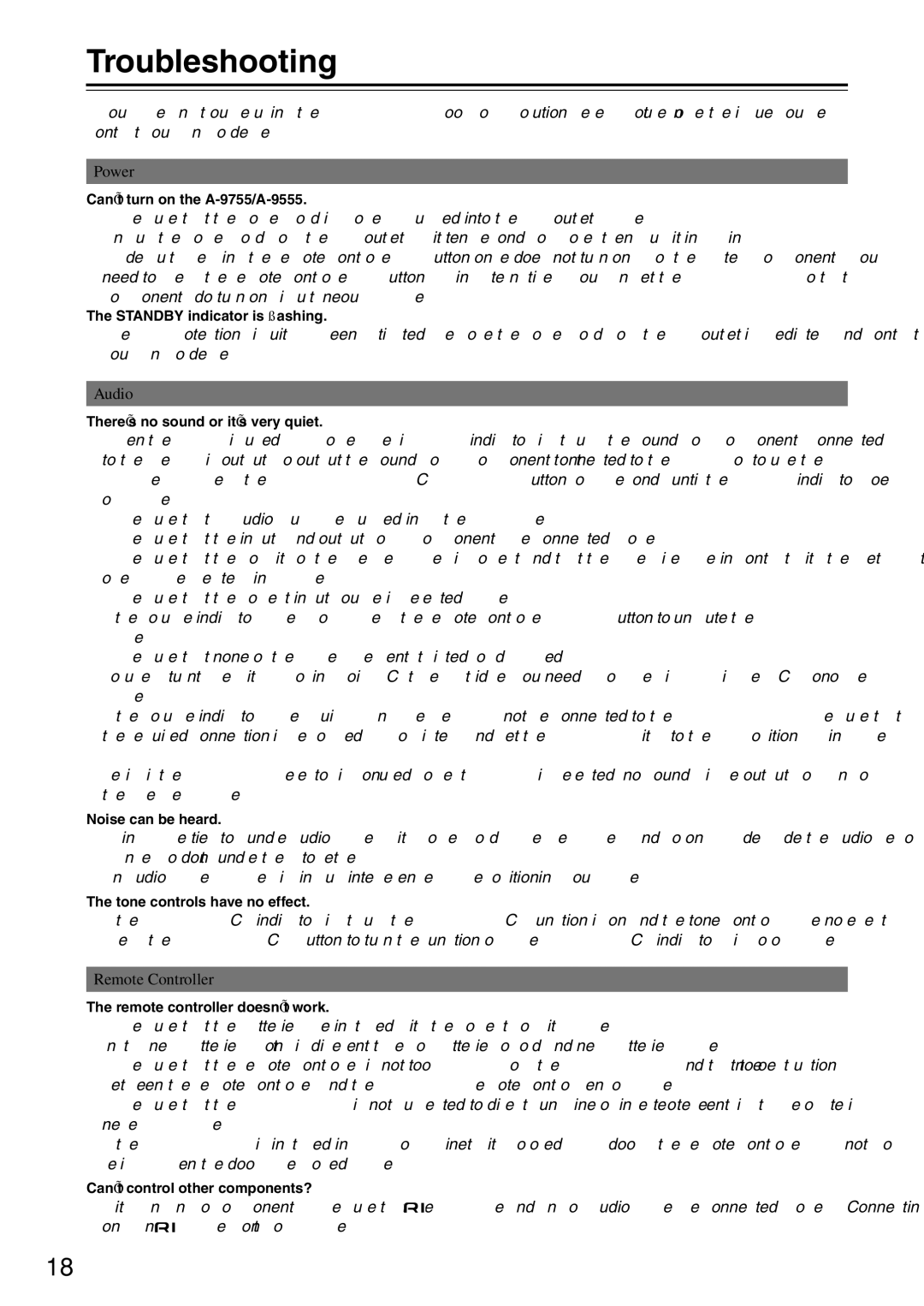 Onkyo A-9755*, A-9555 instruction manual Troubleshooting, Audio, Remote Controller 