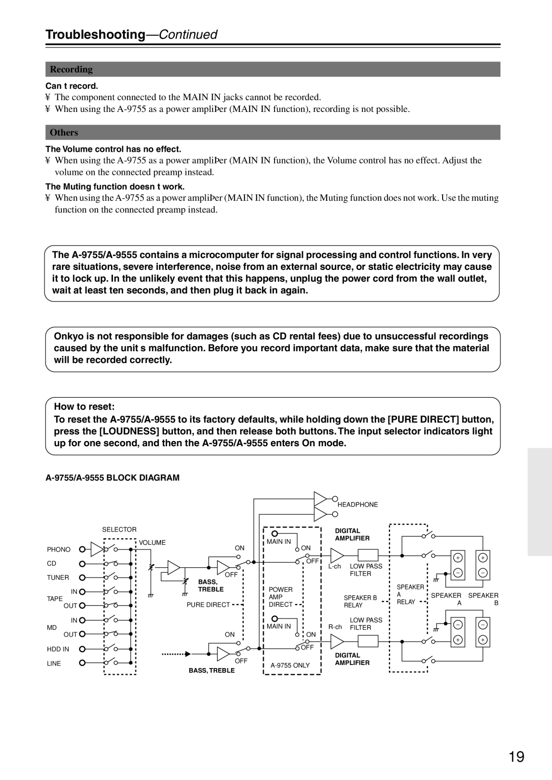 Onkyo A-9555, A-9755* instruction manual Troubleshooting, Recording, Others 