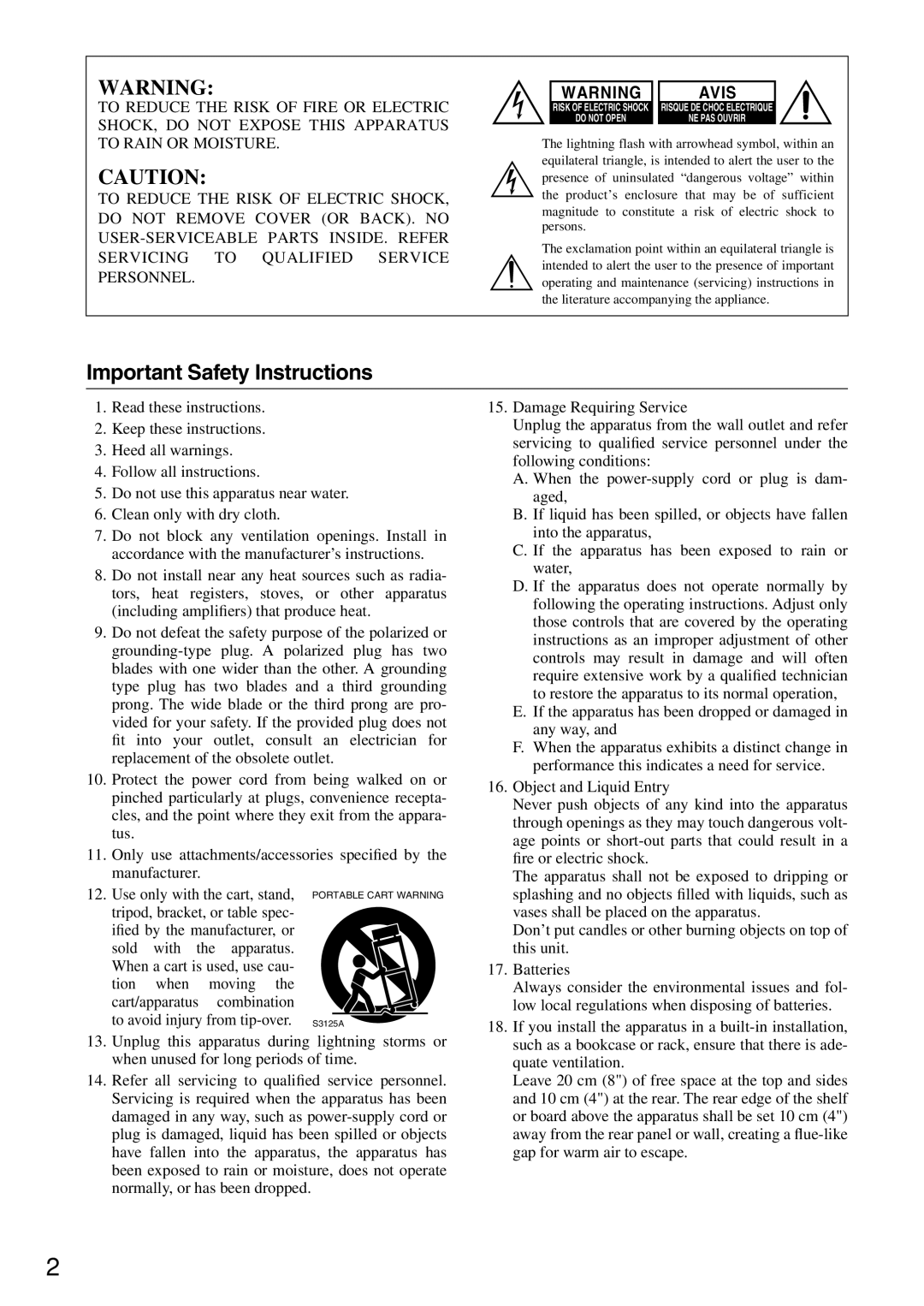 Onkyo A-9755*, A-9555 instruction manual Important Safety Instructions, Avis 