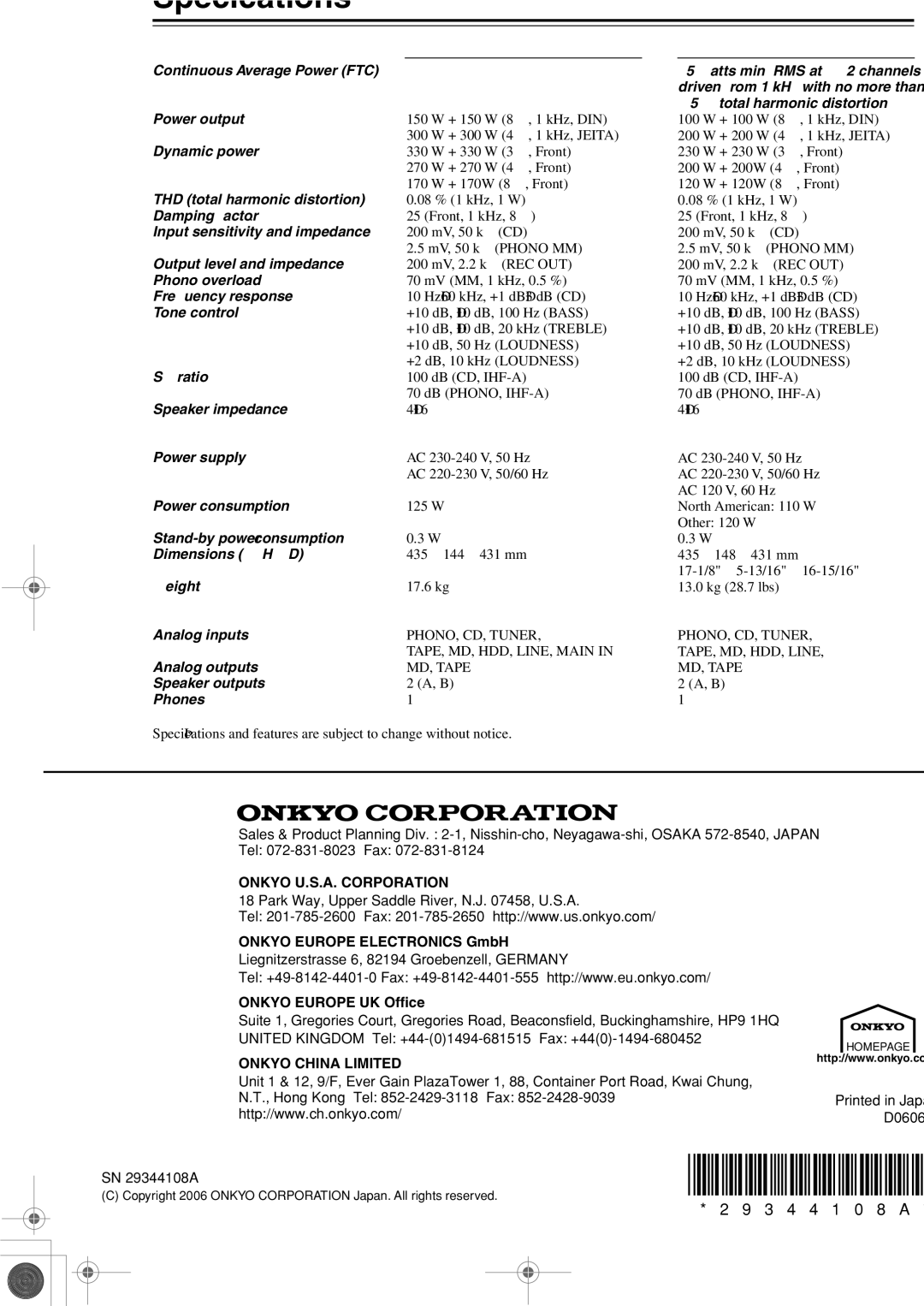 Onkyo A-9755*, A-9555 instruction manual Speciﬁcations, 9755 9555 