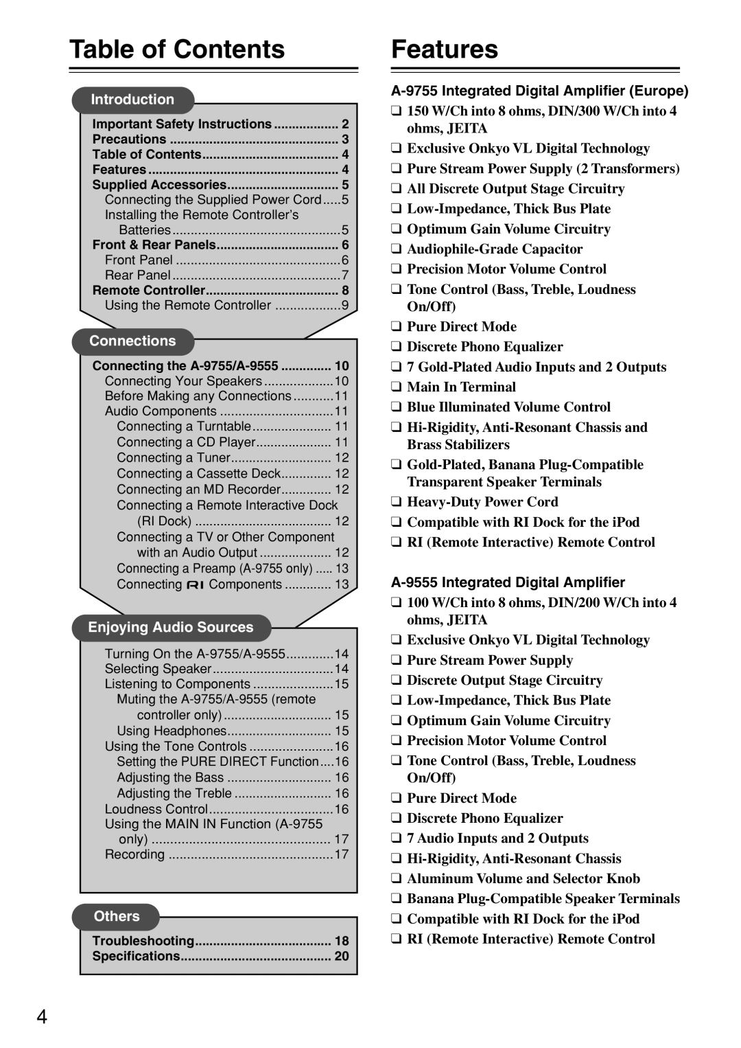 Onkyo A-9755*, A-9555 instruction manual Table of Contents, Features 