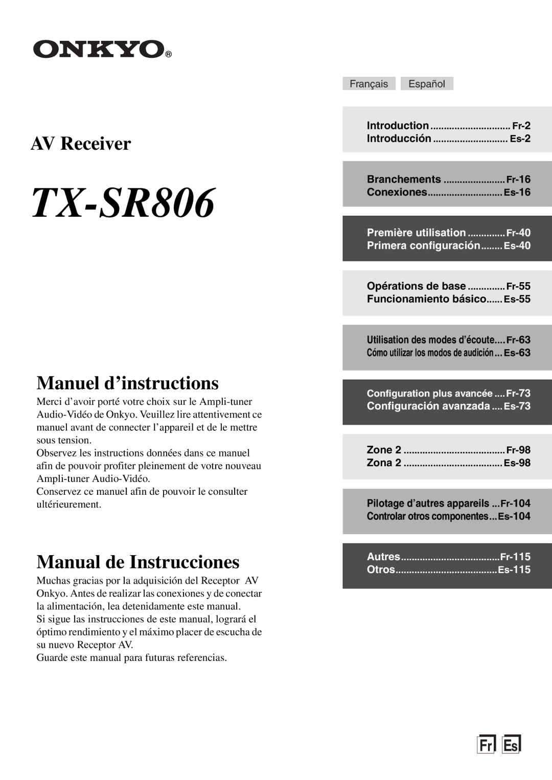 Onkyo AV Reciever manual Fr-55, Es-55, Fr-63, Es-63, Zone Fr-98 Zona Es-98 