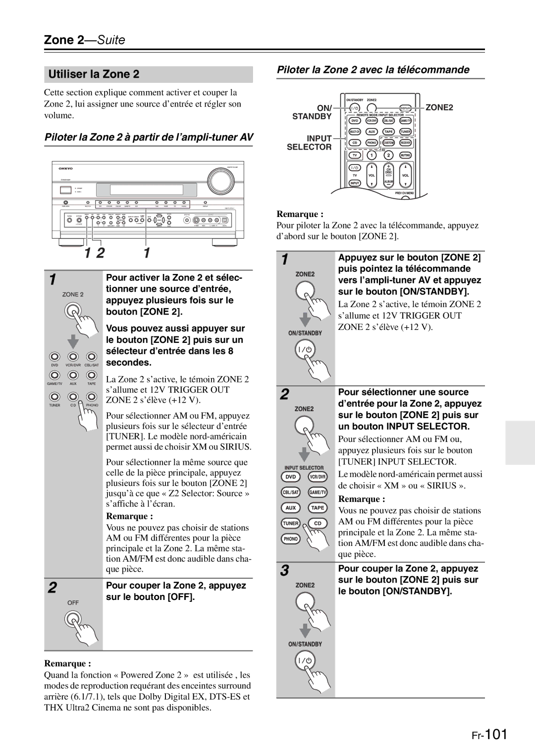 Onkyo AV Reciever Utiliser la Zone, Piloter la Zone 2 à partir de l’ampli-tuner AV, Piloter la Zone 2 avec la télécommande 