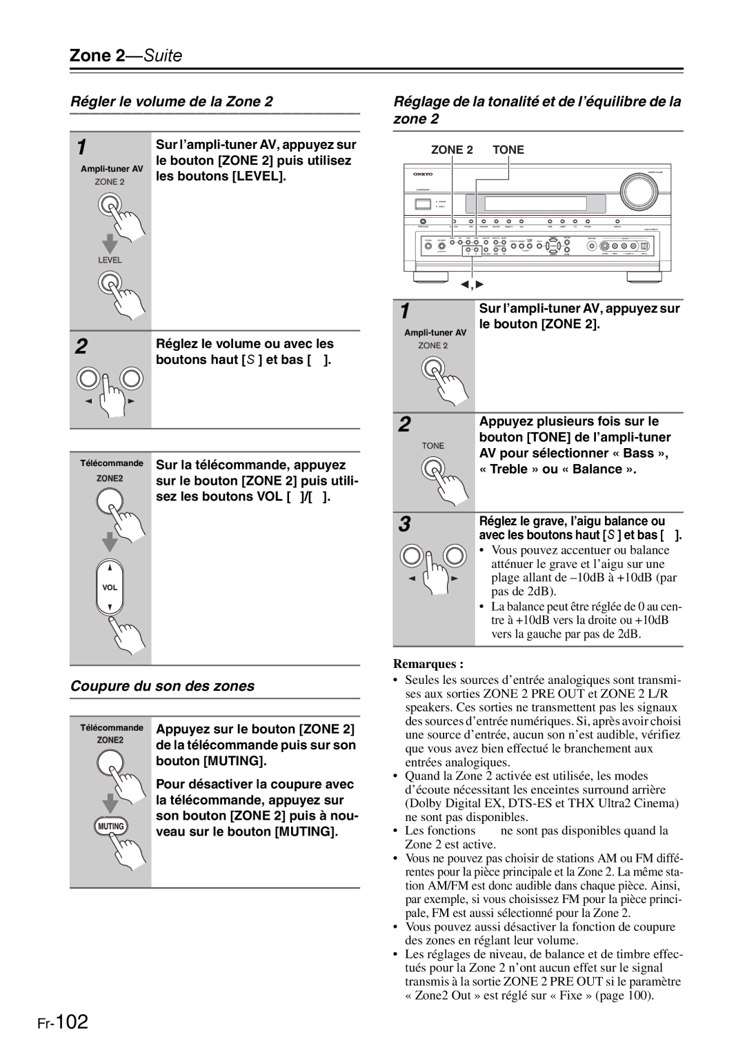 Onkyo AV Reciever manual Régler le volume de la Zone, Coupure du son des zones 