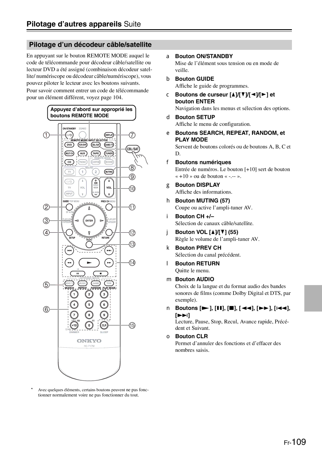 Onkyo AV Reciever manual Pilotage d’un décodeur câble/satellite, Boutons SEARCH, REPEAT, RANDOM, et 