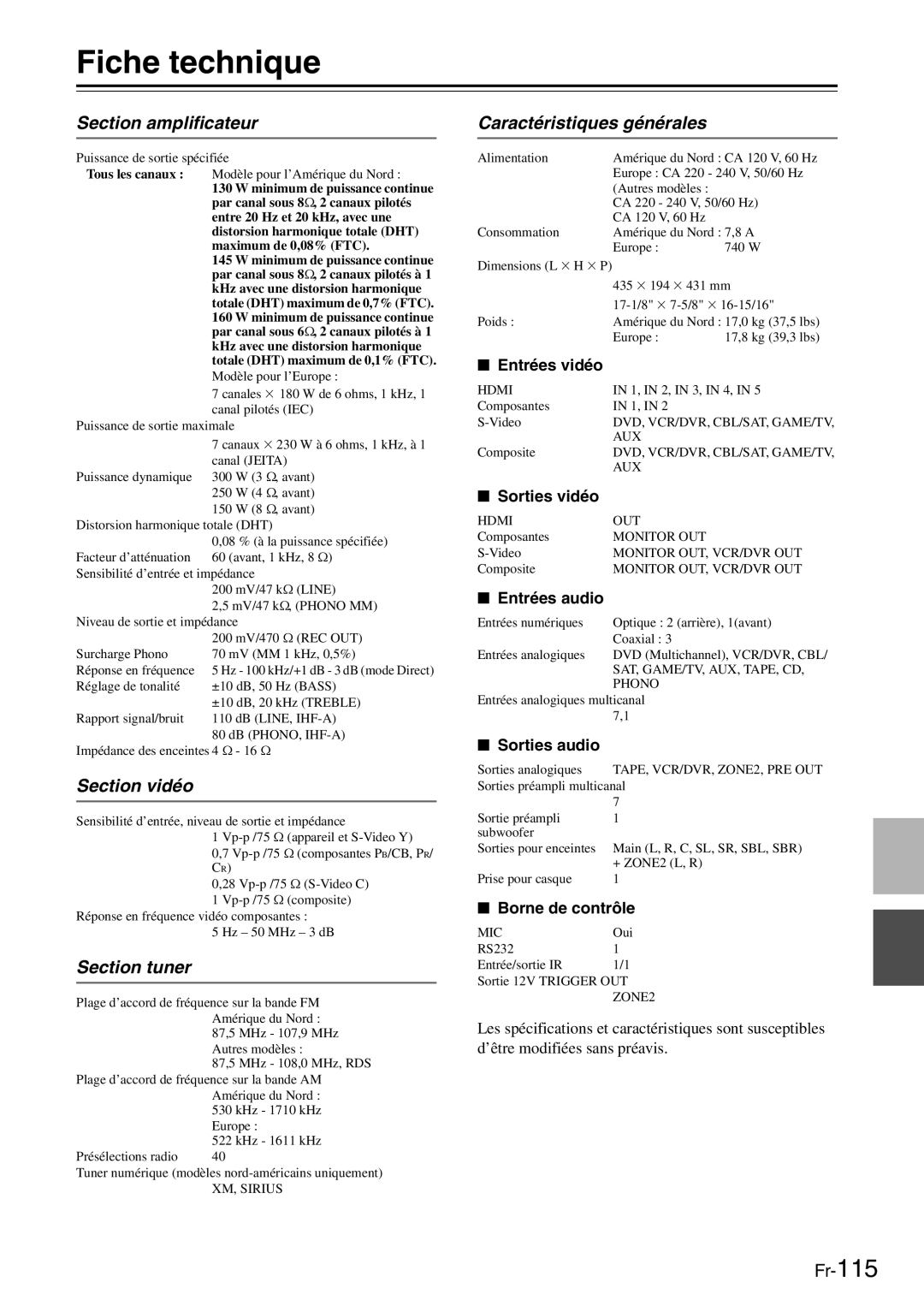 Onkyo AV Reciever manual Fiche technique, Section amplificateur, Section vidéo, Section tuner, Caractéristiques générales 